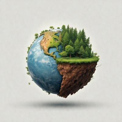 The primary subject of the image is a globe, which is the main object, scene, or focus of the image. The setting/background features a blue and brown globe, with a brown and green land mass. The visual style of the image is digital art, as it is a computer-generated illustration. The colors and mood of the image are predominantly blue and brown, with a sense of earthiness and natural beauty.